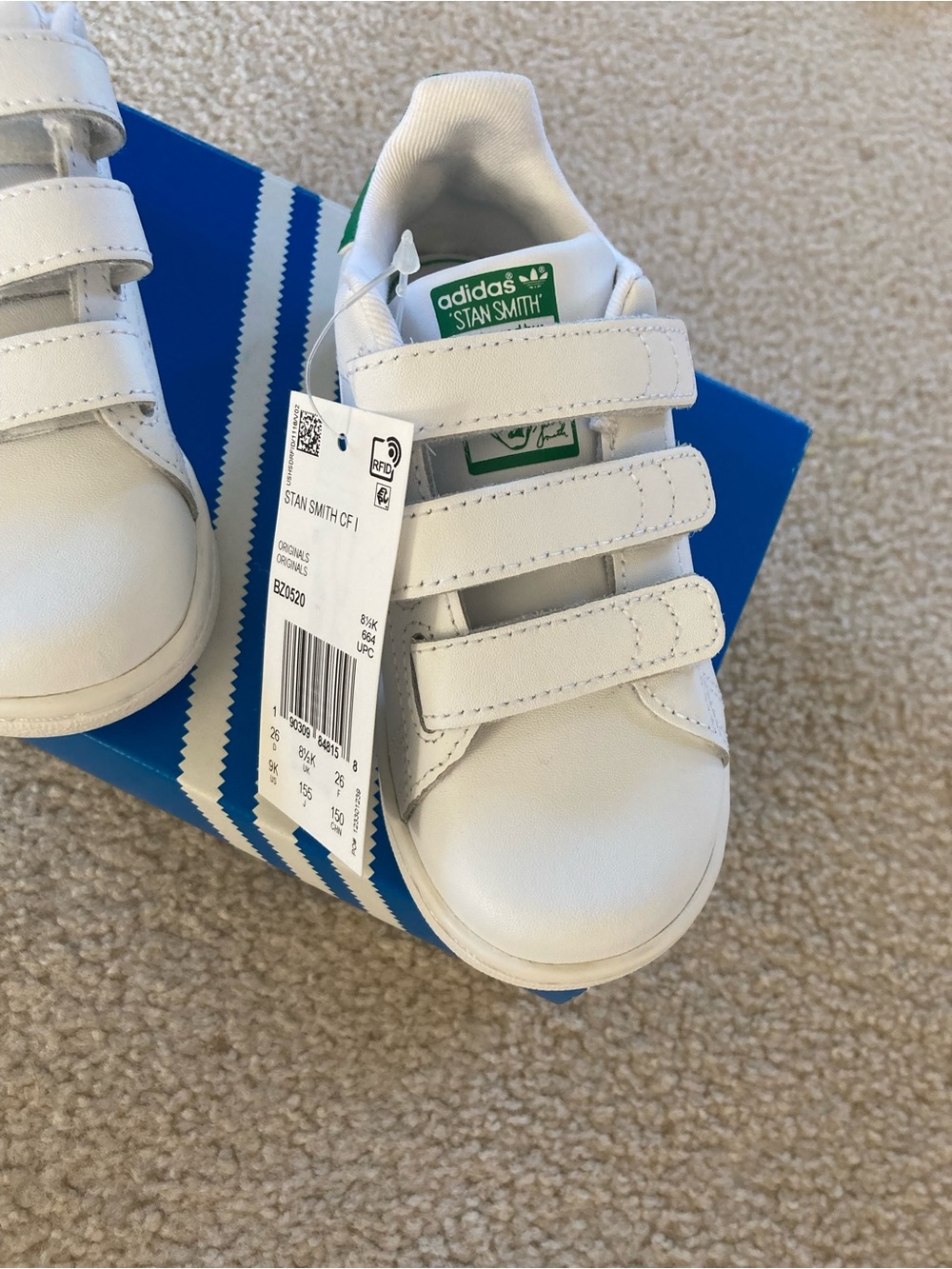 adidas Kids White Sneakers with Green Tongue Logo Stan Smith
